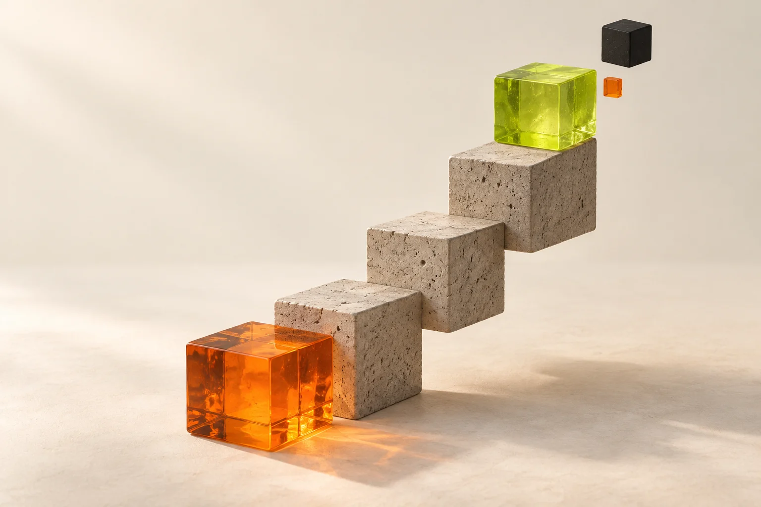 Bloques de concreto y resina naranja y lima que ascienden como una escalera